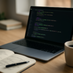 Meja kerja pengembang dengan laptop menampilkan kode Swift dan catatan diagram alur