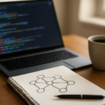 Meja pengembang dengan laptop menampilkan kode dan catatan diagram state