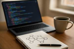 Meja pengembang dengan laptop menampilkan kode dan catatan diagram state