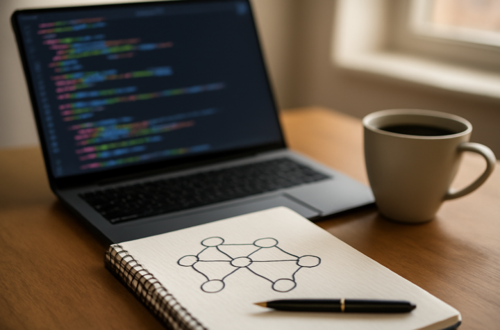 Meja pengembang dengan laptop menampilkan kode dan catatan diagram state