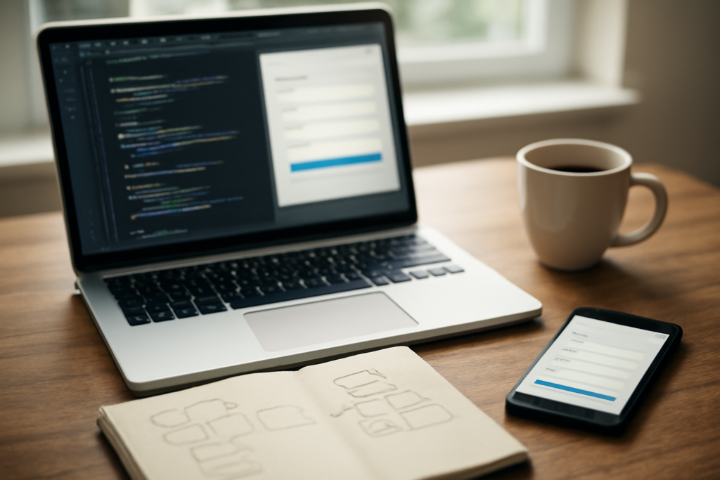 Meja developer dengan laptop menampilkan antarmuka formulir dan kode, buku catatan diagram, serta smartphone.