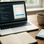 Meja developer dengan laptop menampilkan antarmuka formulir dan kode, buku catatan diagram, serta smartphone.