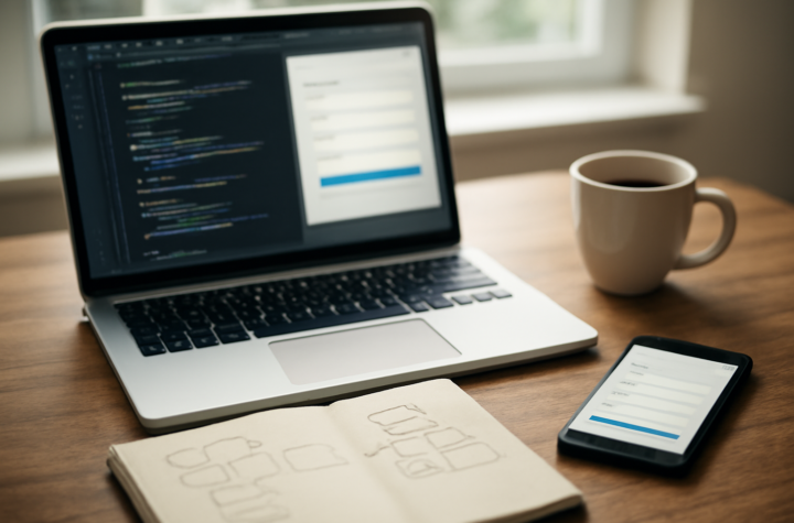 Meja developer dengan laptop menampilkan antarmuka formulir dan kode, buku catatan diagram, serta smartphone.