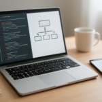 Meja kerja dengan laptop menampilkan kode dan diagram model data serta ponsel dengan aplikasi daftar tugas sederhana