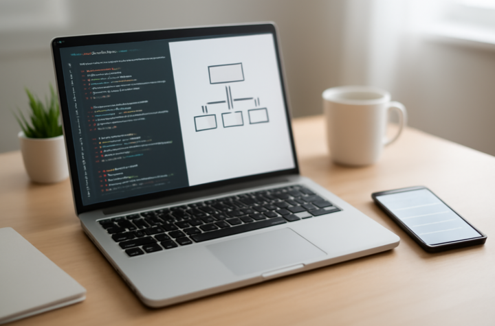 Meja kerja dengan laptop menampilkan kode dan diagram model data serta ponsel dengan aplikasi daftar tugas sederhana