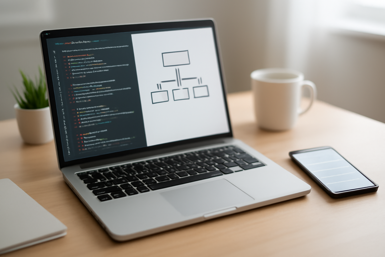 Meja kerja dengan laptop menampilkan kode dan diagram model data serta ponsel dengan aplikasi daftar tugas sederhana